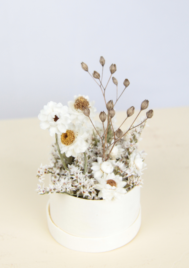 Weiße Blumenarrangement in einem Topf auf einem hellen Untergrund.
